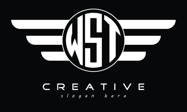 WST three letter circle with wings logo design vector template. wordmark logo | emblem logo | monogram logo | initial letter logo | typography logo | business logo | minimalist logo |	