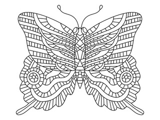 Hand-drawn butterfly with ornaments on wings vector illustration. Adult colouring book page with decorative fantasy insect. Cartoon butterfly black linear illustration isolated on white vector