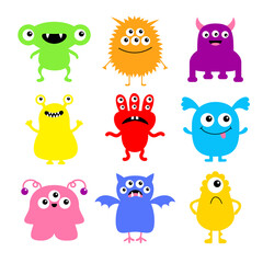 Fototapeta premium Happy Halloween. Monster icon set. Kawaii cute cartoon funny baby character. Sticker print. Colorful silhouette. Eyes, horn, fang teeth tongue, wing. Flat design. White background.