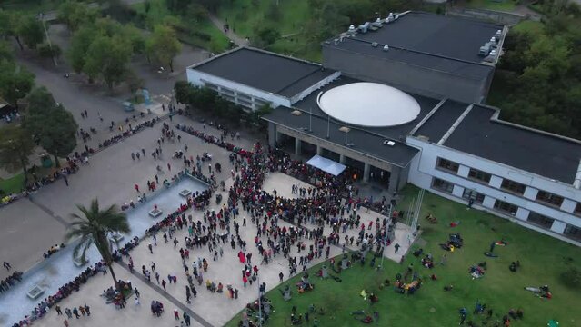 Aerial view of Indigenous protesters in Quito, Ecuador. Universidad Central. National strike.