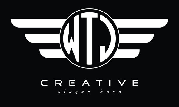 WTJ three letter circle with wings logo design vector template. wordmark logo | emblem logo | monogram logo | initial letter logo | typography logo | business logo | minimalist logo |	