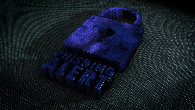 Stylish and hyper realistic 3D CGI render of a stylised system security padlock on a hitech surface overlaid with animated binary code with the message Phishing Alert in metallic blue
