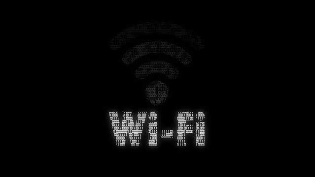Classic animated wifi symbol with animated binary code texture in white color scheme on a black background