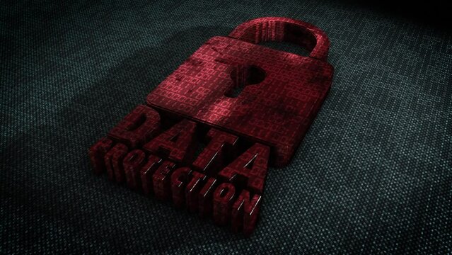 Stylish and hyper realistic 3D CGI render of a stylised system security padlock on a hitech surface overlaid with animated binary code with the message Data Protection in metallic red