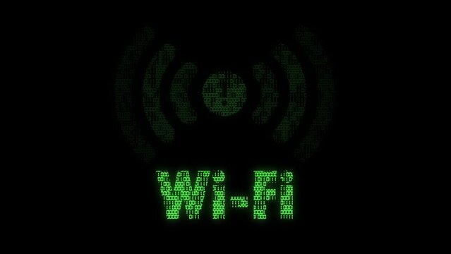 Classic animated double wifi symbol with animated binary code texture in green color scheme on a black background