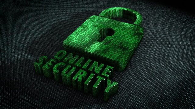 Stylish and hyper realistic 3D CGI render of a stylised system security padlock on a hitech surface overlaid with animated binary code with the message Online Security in metallic green