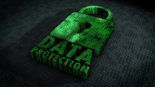 Stylish and hyper realistic 3D CGI render of a stylised system security padlock on a hitech surface overlaid with animated binary code with the message Data Protection in metallic green