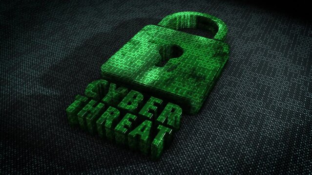Stylish and hyper realistic 3D CGI render of a stylised system security padlock on a hitech surface overlaid with animated binary code with the message Cyber Threat in metallic green