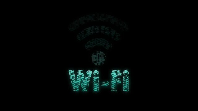 Classic animated wifi symbol with animated binary code texture in teal color scheme on a black background
