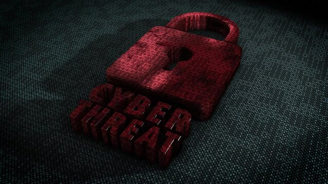 Stylish and hyper realistic 3D CGI render of a stylised system security padlock on a hitech surface overlaid with animated binary code with the message Cyber Threat in metallic red