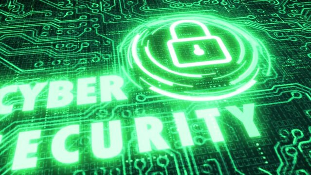 Sophisticated and detailed 3D motion graphic of an animated circuit board with stylised system lock element and the glitching message Cyber Security, in a green and white color palette