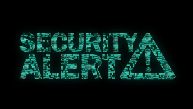 Classic animated Security Alert message with Warning Sign with animated binary code texture in teal color scheme on a black background