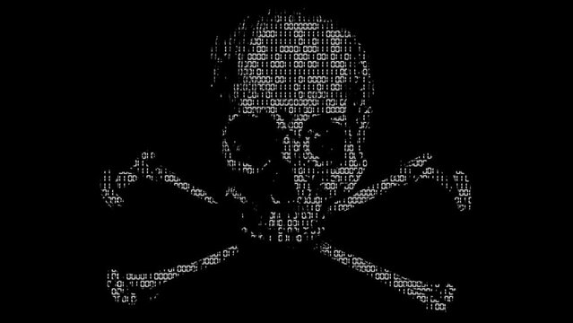 Alarming animated cyber hacking skull and cross bones symbol with animated binary code texture in white color scheme on a black background