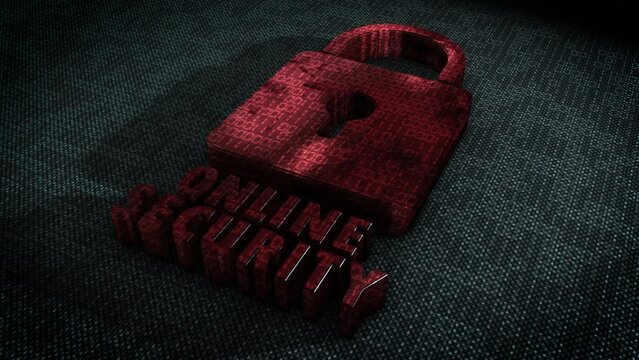Stylish and hyper realistic 3D CGI render of a stylised system security padlock on a hitech surface overlaid with animated binary code with the message Online Security in metallic red