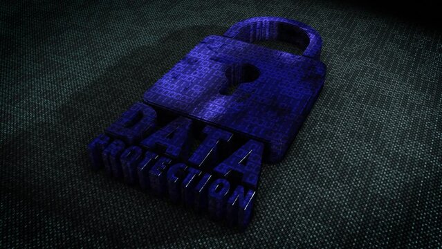Stylish and hyper realistic 3D CGI render of a stylised system security padlock on a hitech surface overlaid with animated binary code with the message Data Protection in metallic blue