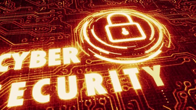 Sophisticated and detailed 3D motion graphic of an animated circuit board with stylised system lock element and the glitching message Cyber Security, in a hot orange and yellow color palette