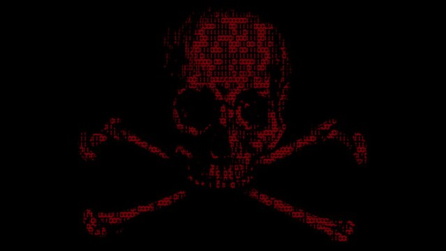 Alarming animated cyber hacking skull and cross bones symbol with animated binary code texture in red color scheme on a black background