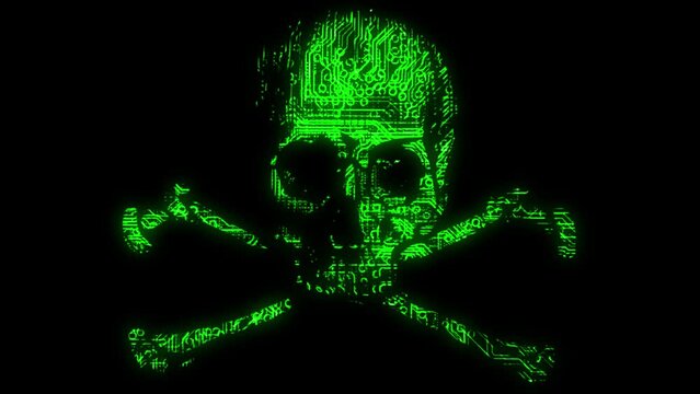 Alarming animated cyber hacking skull and cross bones symbol with animated circuit board texture in green color scheme on a black background