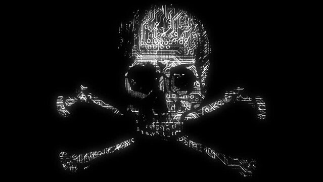 Alarming animated cyber hacking skull and cross bones symbol with animated circuit board texture in white color scheme on a black background