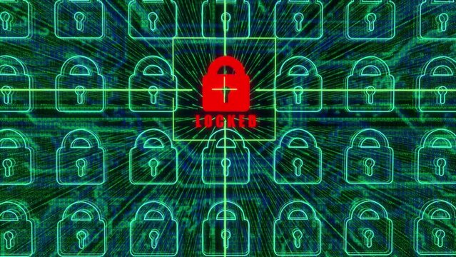 Sophisticated and detailed 3D motion graphic of a targeted system cyber hack, with target locator, and lock turning from red to green then transmitting data - alternate view 2