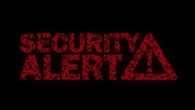 Classic animated Security Alert message with Warning Sign with animated binary code texture in red color scheme on a black background