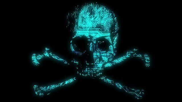 Alarming animated cyber hacking skull and cross bones symbol with animated circuit board texture in teal color scheme on a black background