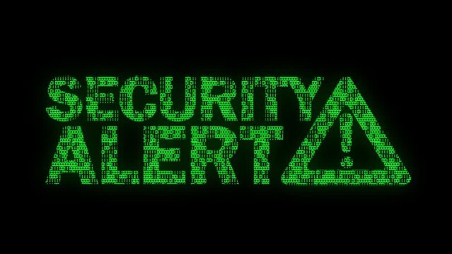 Classic animated Security Alert message with Warning Sign with animated binary code texture in green color scheme on a black background