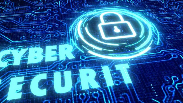 Sophisticated and detailed 3D motion graphic of an animated circuit board with stylised system lock element and the glitching message Cyber Security, in a blue and white color palette
