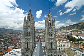 Fototapeta na wymiar The Roof and the towers of La Basilica del Voto Nacional (1883) Quito, Ecuador, South America 