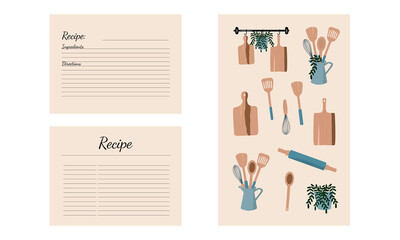 Modern Recipe card template set for cookbook. Menu Creator Vector Illustration. Pattern with Different Kitchen Utensils. Cooking Background.