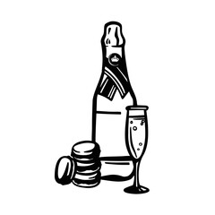 festive pink champagne bottle with glasses, sweets and flowers illustration vector