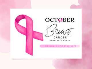 Breast cancer awareness ribbon logo with watercolor stain brush background pink color