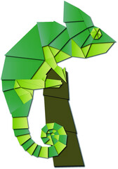 Vector green origami chameleon, recycle symbol on a white background