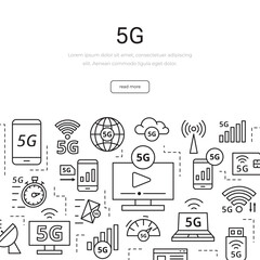 Set of linear 5G technology elements. New mobile network, high speed connection. Minimalist vector infographic. Illustration for banner.