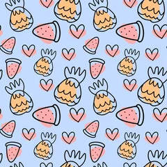 Foto auf Leinwand Vector Summer abstract pattern with pineapple and watermelon in doodle style. © NMjrw