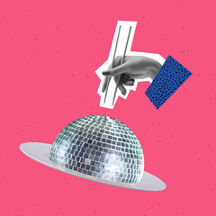 Contemporary art collage. Creative colorful design. Female with food chop sticks eating disco ball isolated over pink background