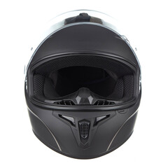 Modern motorcycle helmet made of black matte carbon fiber, with neck fixation and adjustable air intakes, with a open glass, isolated on a white background. Front view.