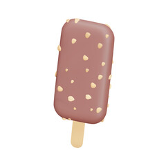 Ice cream on a stick with chocolate and nuts. 3d icon. Isolated object on a transparent background