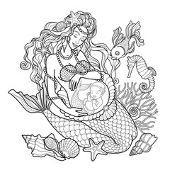 Young beautiful mermaid pregnant in the underwater world. Vector illustration for coloring for adults and children.