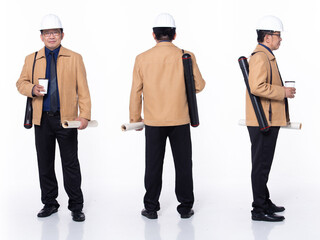 Full length 60s 50s Asian Senior man business engineer architect, 360 front side back rear