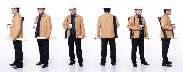 Full length 60s 50s Asian Senior man business engineer architect, 360 front side back rear