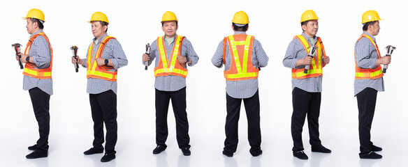 Full length 60s 50s Asian Senior man industry engineer contractor, 360 front side back rear