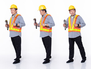 Full length 60s 50s Asian Senior man industry engineer contractor, walking forward left right