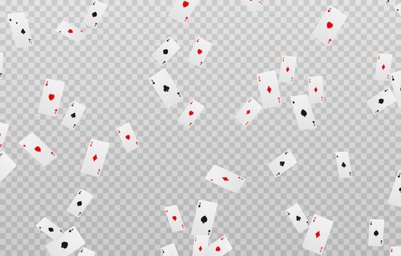 Vector playing cards png. Playing cards fall from the sky on an isolated transparent background. Four aces png, red, black cards. Gambling. Poker.