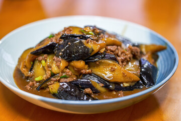 A delicious Chinese dish, fried eggplant in sauce
