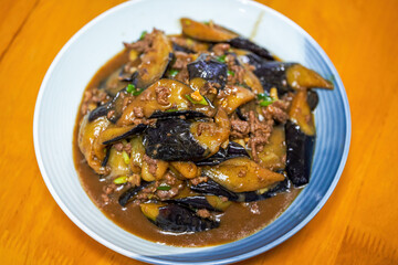 A delicious Chinese dish, fried eggplant in sauce