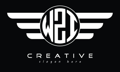 WZI three letter circle with wings logo design vector template. wordmark logo | emblem logo | monogram logo | initial letter logo | typography logo | business logo | minimalist logo |	 - obrazy, fototapety, plakaty