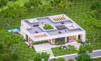 3d rendering of new concrete house in modern style with pool and parking for sale or rent and beautiful landscaping on background. Only one floor. Clear summer evening with cozy light from window