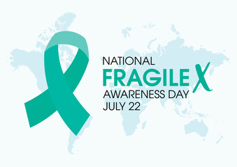 National Fragile X Awareness Day vector. Blue-green awareness ribbon and world map silhouette icon vector. July 22. Important day