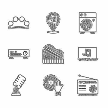 Set Grand piano, DJ playing music, Radio, Laptop with, Microphone, Sound mixer controller, Guitar amplifier and Tambourine icon. Vector